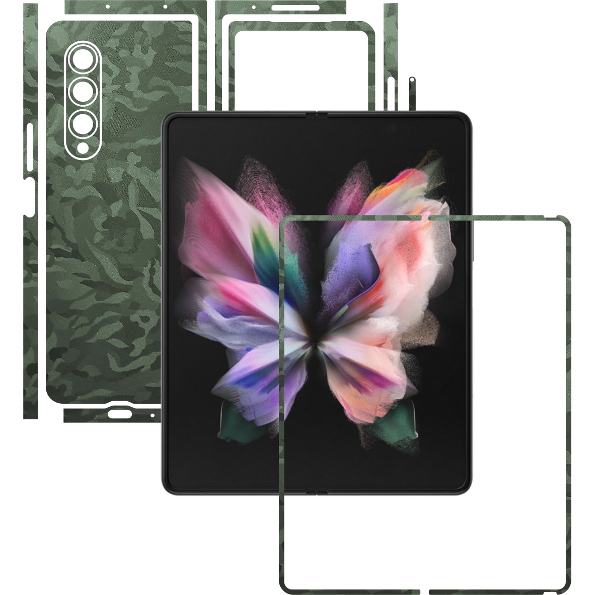 Folie Protectie Carbon Skinz pentru Samsung Galaxy Z Fold3 5G - Camo Verde Military Green Shadow Split Cut, Skin Adeziv Full Body Cover pentru Rama Ecran, Carcasa Spate si Laterale