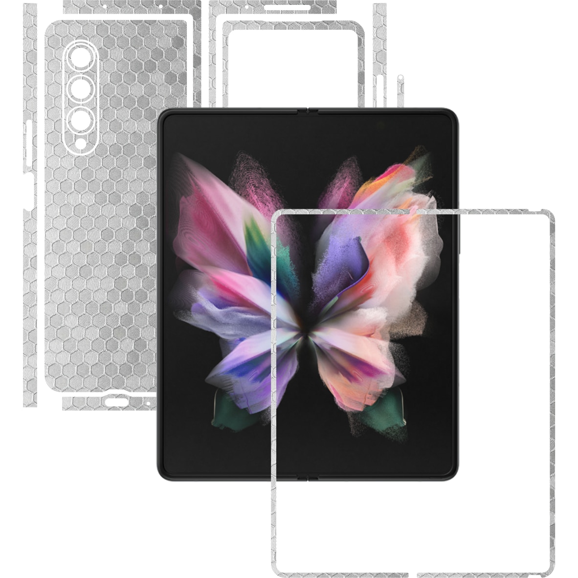 Folie Protectie Carbon Skinz pentru Samsung Galaxy Z Fold3 5G - Honeycomb Argintiu Silver Split Cut, Skin Adeziv Full Body Cover pentru Rama Ecran, Carcasa Spate si Laterale