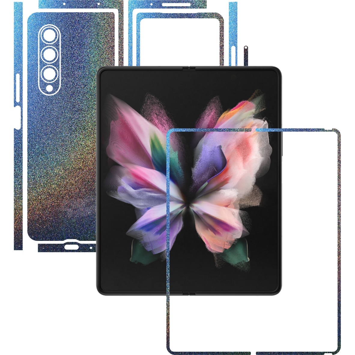 Folie Protectie Carbon Skinz pentru Samsung Galaxy Z Fold3 5G - Color Shift Intergalactic Blue Split Cut, Skin Adeziv Full Body Cover pentru Rama Ecran, Carcasa Spate si Laterale