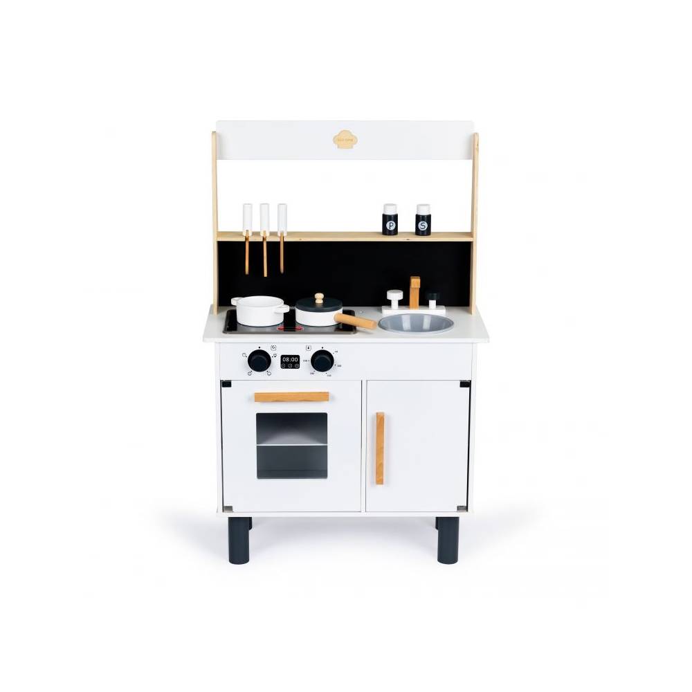 Bucatarie de Jucarie din Lemn pentru Copii, Bigshot BS2202W, Accesorii de Gatit, Cuptor, Plita, Chiuveta, Rafturi, 93 x 59 x 29 cm, Alba