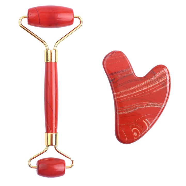 Set rola Jad si Gua Sha, Bell™, 2 role mobile, pentru masaj facial corporal, cu efect de intinerire a pielii si drenaj limfatic, rosu