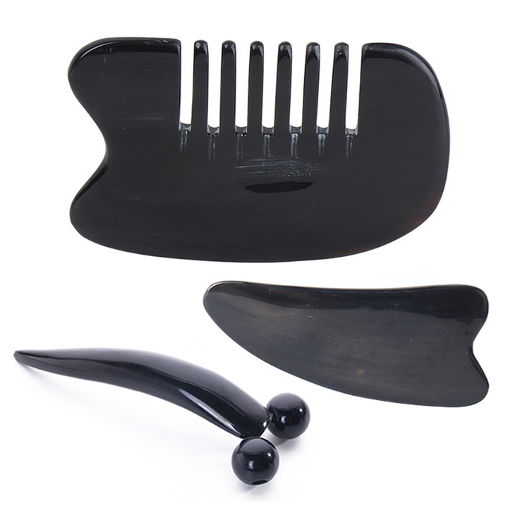 Set 3 dispozitiv Gua Sha, GOGOU, placa de razuit, pieptene si rola, masaj, pentru corp, fata si cap, negru