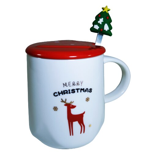 Cana cu lingurita si capac, model Ren Craciun, 300 ml, Alb, Rosu