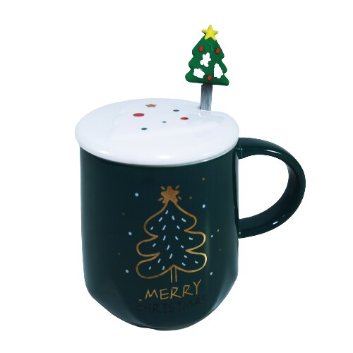 Cana cu lingurita si capac, model Brad Craciun, 300 ml, Verde, Alb