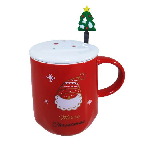 Cana cu lingurita si capac, model Mos Craciun, 300 ml, Rosu, Alb