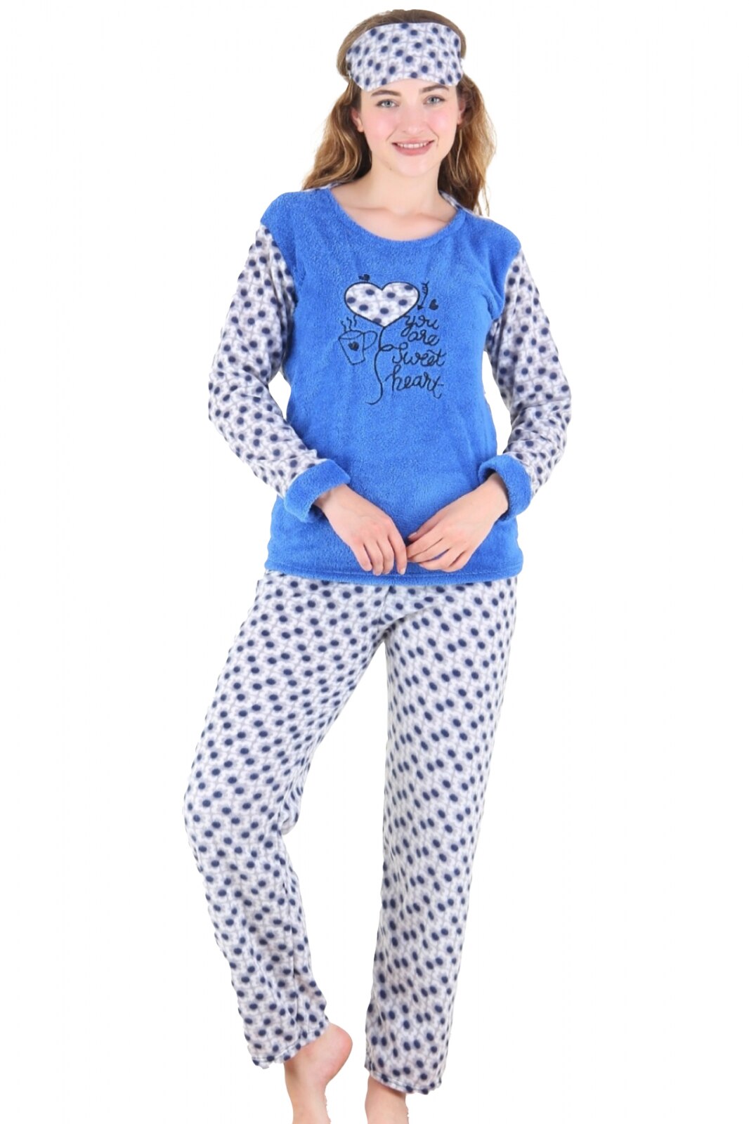 Pijama dama cocolino, pufoasa cu imprimeu Sweet heart 1251, Albastru