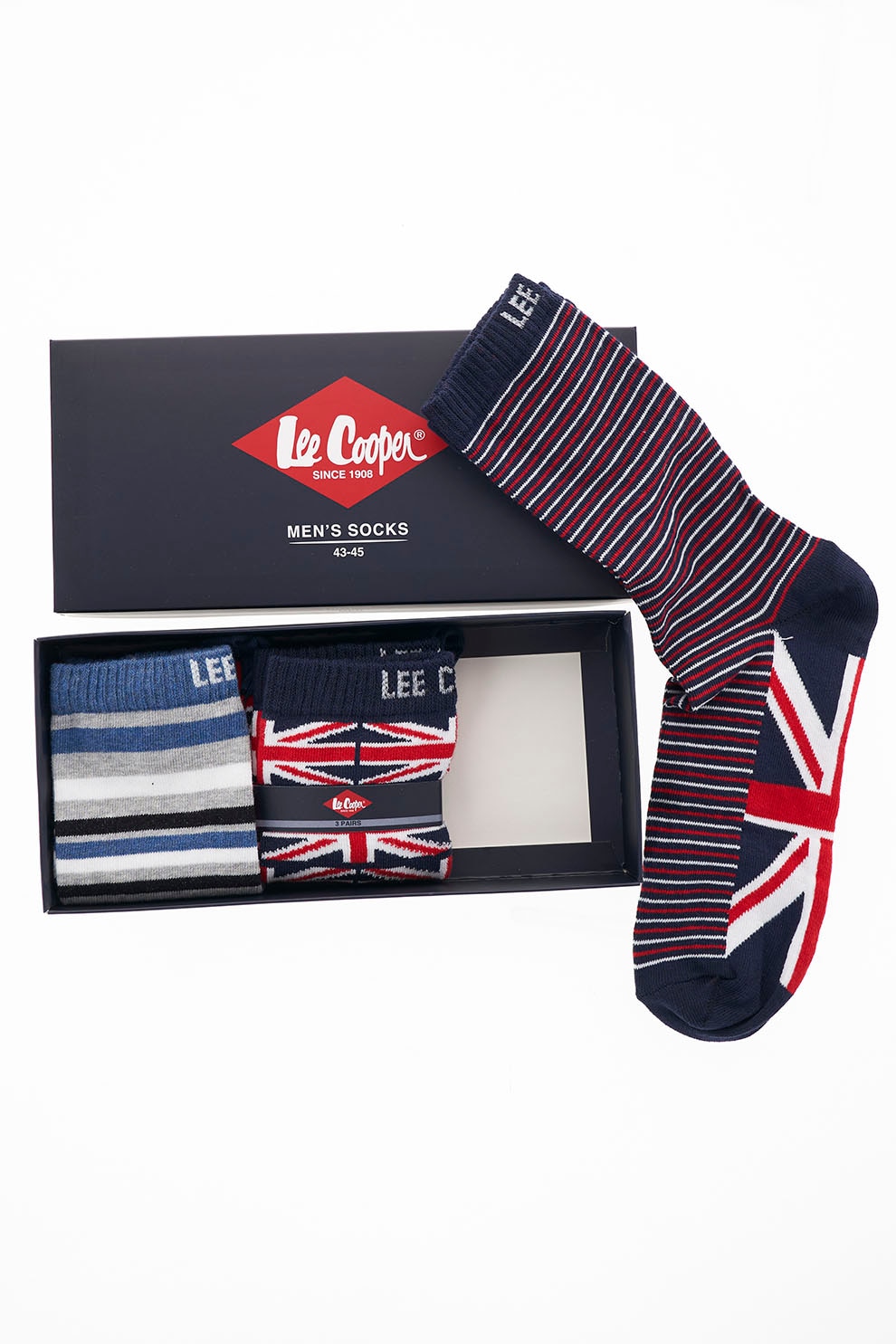 Lee Cooper, Set de sosete lungi cu imprimeu - 3 perechi, Albastru/Gri/Rosu, 43-45