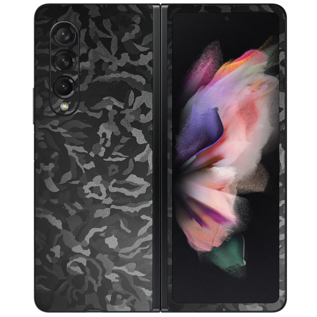 Folie Protectie Carbon Skinz pentru Samsung Galaxy Z Fold3 5G - Camo Negru Black Shadow Simple Cut, Skin Adeziv Full Body Cover pentru Rama Ecran, Carcasa Spate