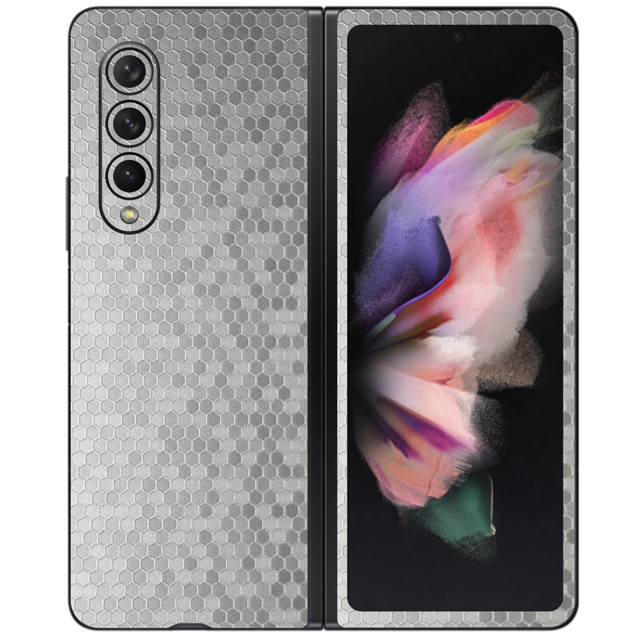 Folie Protectie Carbon Skinz pentru Samsung Galaxy Z Fold3 5G - Honeycomb Argintiu Silver Simple Cut, Skin Adeziv Full Body Cover pentru Rama Ecran, Carcasa Spate