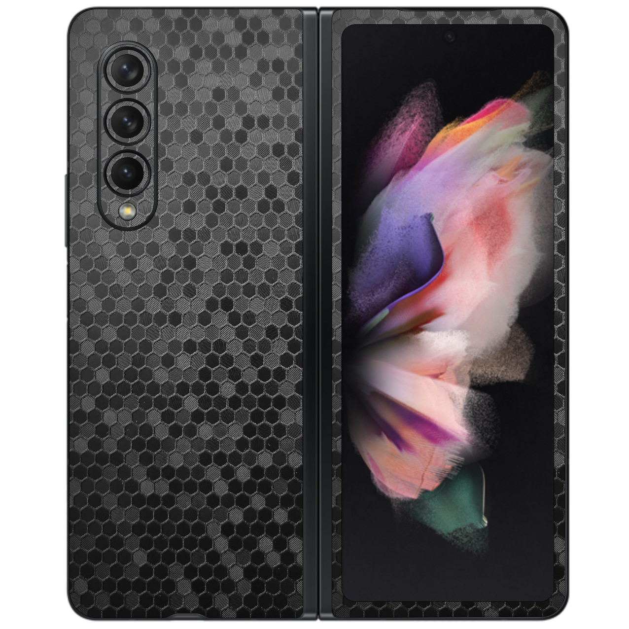 Folie Protectie Carbon Skinz pentru Samsung Galaxy Z Fold3 5G - Honeycomb Negru Black Simple Cut, Skin Adeziv Full Body Cover pentru Rama Ecran, Carcasa Spate