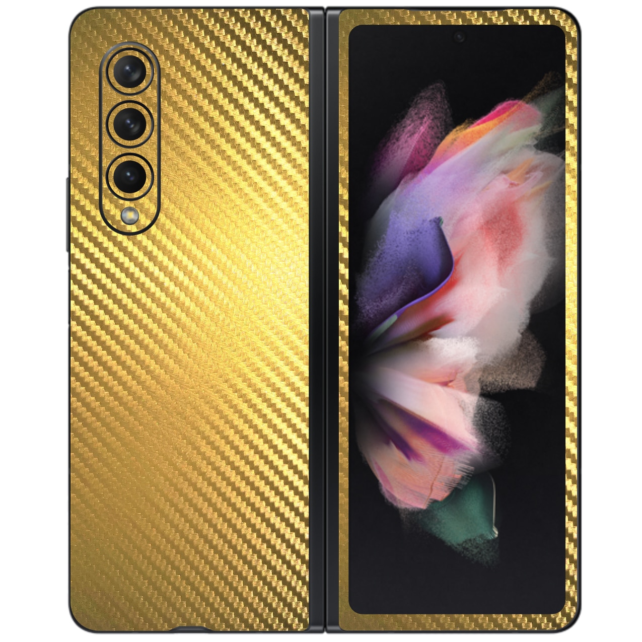 Folie Protectie Carbon Skinz pentru Samsung Galaxy Z Fold3 5G - Carbon Auriu Simple Cut, Skin Adeziv Full Body Cover pentru Rama Ecran, Carcasa Spate