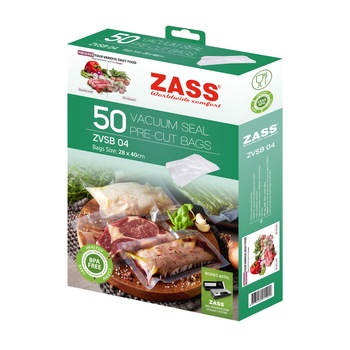 Pungi de vidat gofrate Zass ZVSB 04, 50 bucati, dimensiune 28x40 cm, fara BPA, rezistente la intepaturi si rupere, ideale pentru depozitare sau preparare Sous Vide Pungi de vidat gofrate Zass ZVSB 04, 50 bucati, dimensiune 28x40 cm, fara BPA, rezistente la intepaturi si rupere, ideale pentru depozitare sau preparare Sous Vide