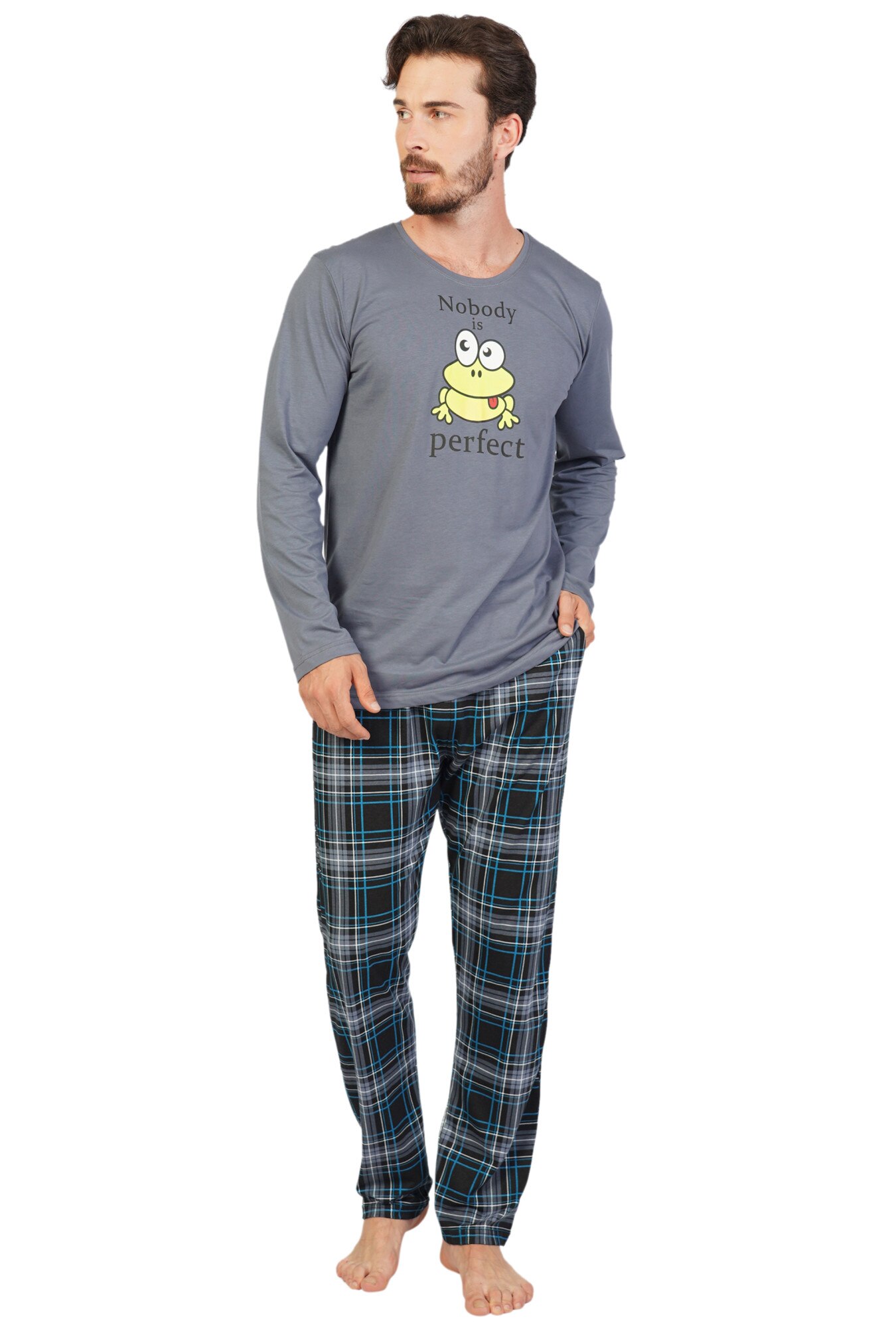 Pijama barbati Gazzaz by Vienetta, model Nobody is Perfect, gri inchis