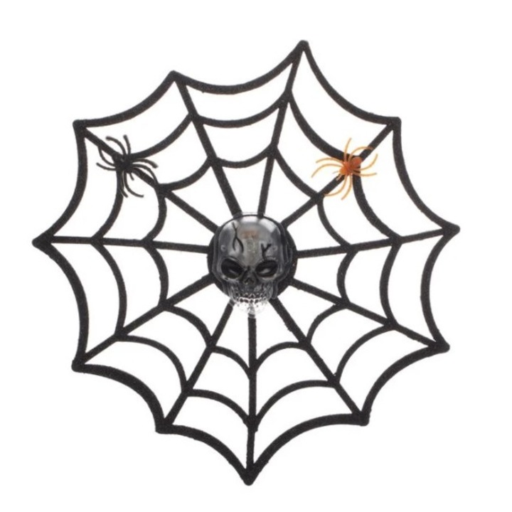Ijesztő pókháló színváltó emberi koponyával és pókokkal Halloween partira, 25 cm, többszínű