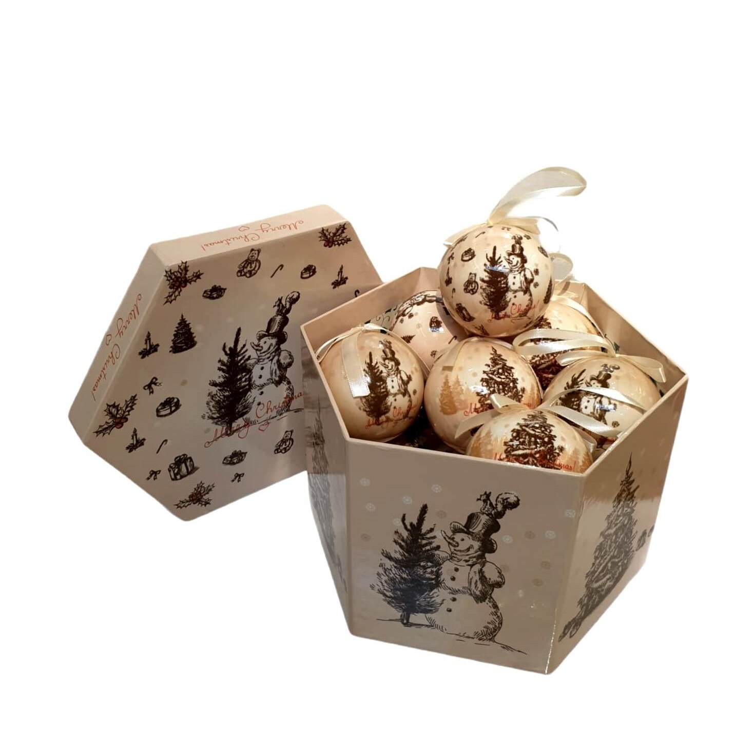 Set 14 globuri de craciun cu design Om de zapada si brad in cutie de cadou, 7cm