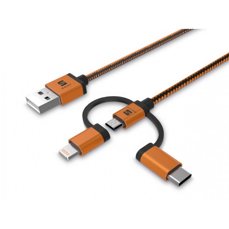 Cablu original Seat 3-in-1 MFI pentru incarcare si transfer date, USB la USB-C, USB-micro si Lightning