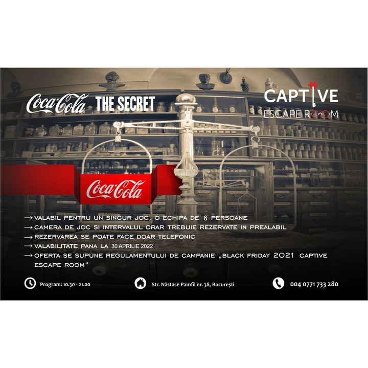 Captive Escape Room, Voucher acces pentru 6 persoane in camera "Coca-Cola - The Secret", valabil pana la 30 Mai 2022