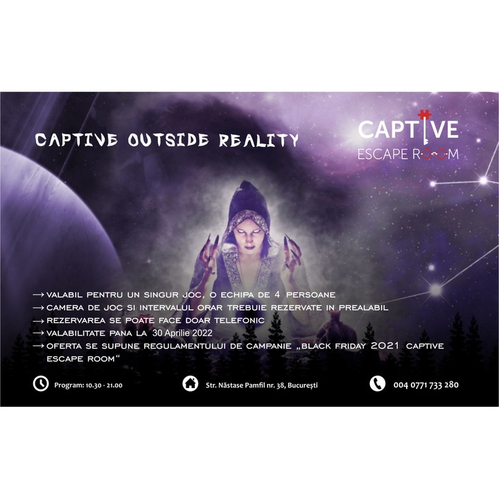 Captive Escape Room, Voucher acces pentru 4 persoane in camera "Captive Outside Reality", valabil pana la 30 Mai 2022