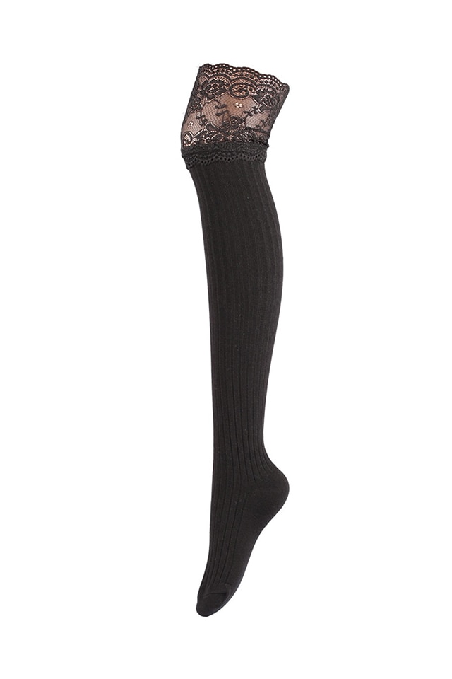 Sosete lungi peste genunchi, GOGOU, Cu dantela, negru, marime universala