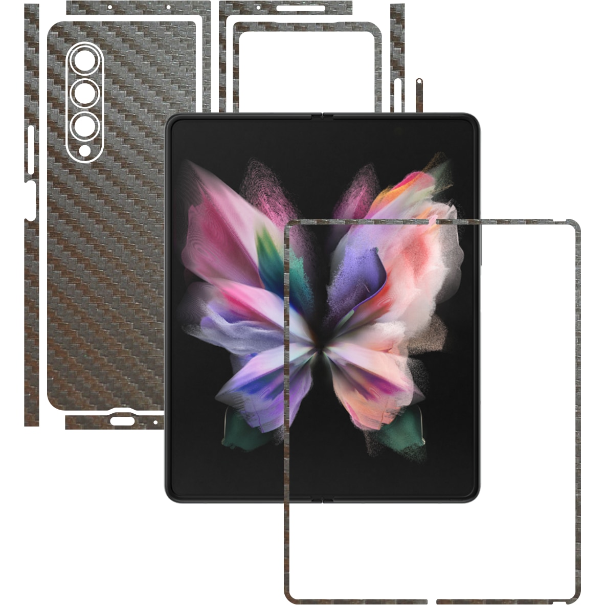 Folie Protectie Carbon Skinz pentru Samsung Galaxy Z Fold3 5G - Carbon Gri Argintiu Split Cut, Skin Adeziv Full Body Cover pentru Rama Ecran, Carcasa Spate si Laterale