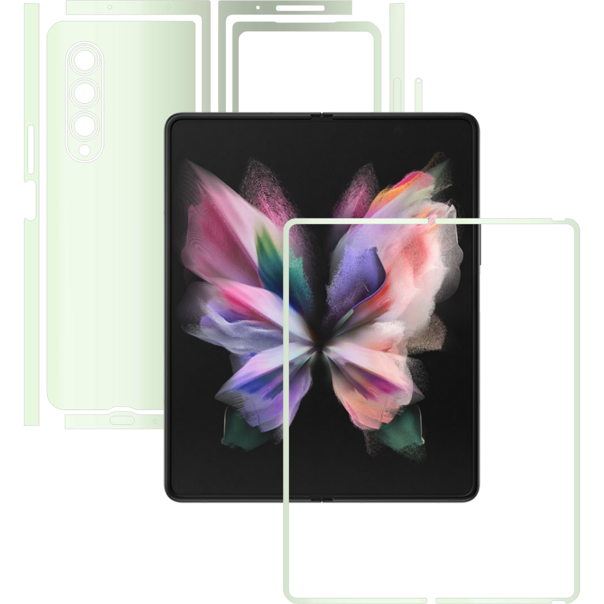 Folie Protectie Glow Skinz pentru Samsung Galaxy Z Fold3 5G - Verde Fosforescent Split Cut, Skin Adeziv Full Body Cover pentru Rama Ecran, Carcasa Spate si Laterale