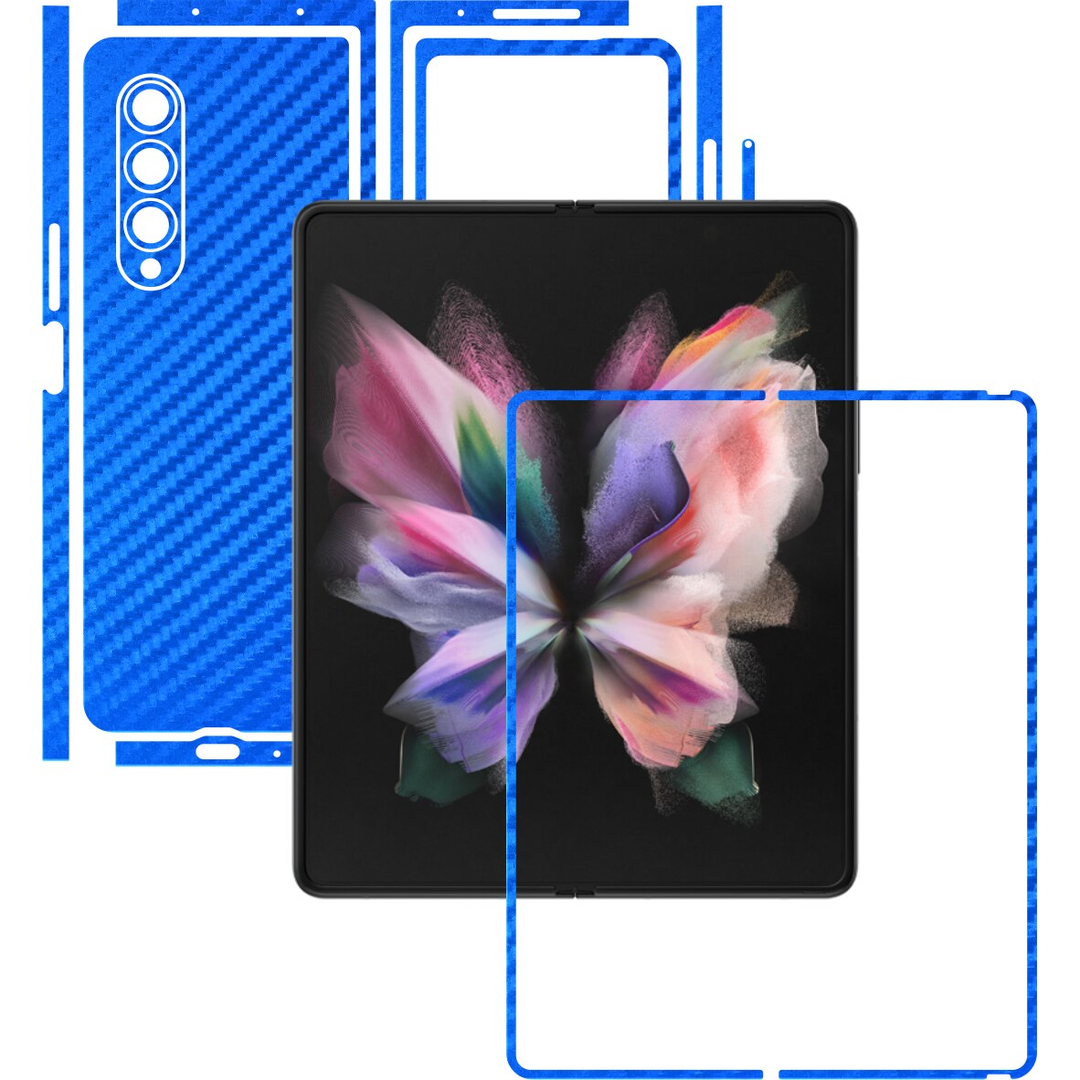 Folie Protectie Carbon Skinz pentru Samsung Galaxy Z Fold3 5G - Carbon Albastru Split Cut, Skin Adeziv Full Body Cover pentru Rama Ecran, Carcasa Spate si Laterale