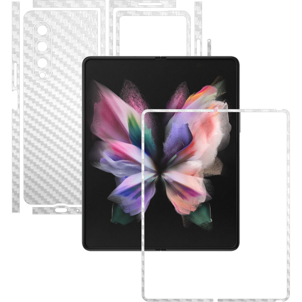 Folie Protectie Carbon Skinz pentru Samsung Galaxy Z Fold3 5G - Carbon Alb Split Cut, Skin Adeziv Full Body Cover pentru Rama Ecran, Carcasa Spate si Laterale