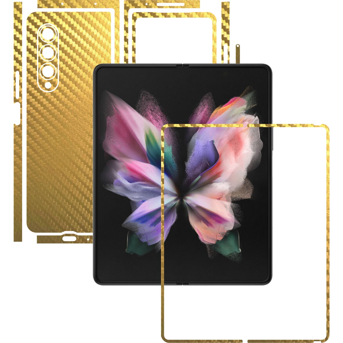 Folie Protectie Carbon Skinz pentru Samsung Galaxy Z Fold3 5G - Carbon Auriu Split Cut, Skin Adeziv Full Body Cover pentru Rama Ecran, Carcasa Spate si Laterale
