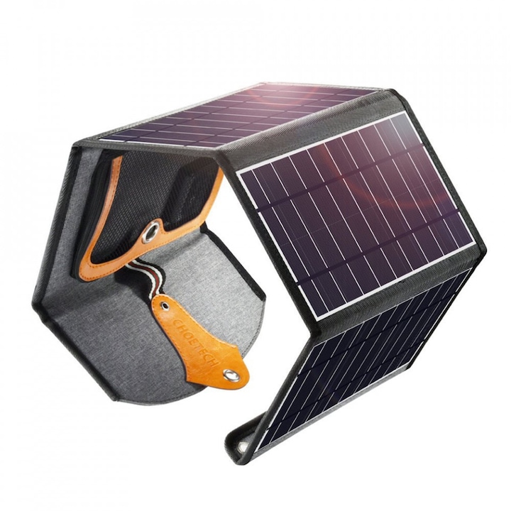 Сгъваемо соларно зарядно устройство Choetech 22W с 2x USB соларен панел 5V / 2.4A / 2.1A соларен панел (82 x 24 cm) черен (SC005), 22, 1 бр