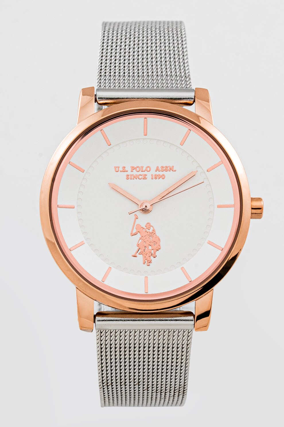 U.S. Polo Assn., Ceas rotund analog cu bratara metalica cu model plasa, Argintiu/Auriu