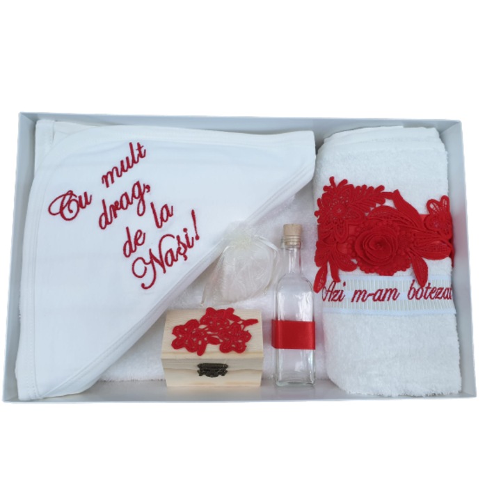 Trusou pentru botez, "Cu mult drag de la Nasi",7 piese, Rosu M2