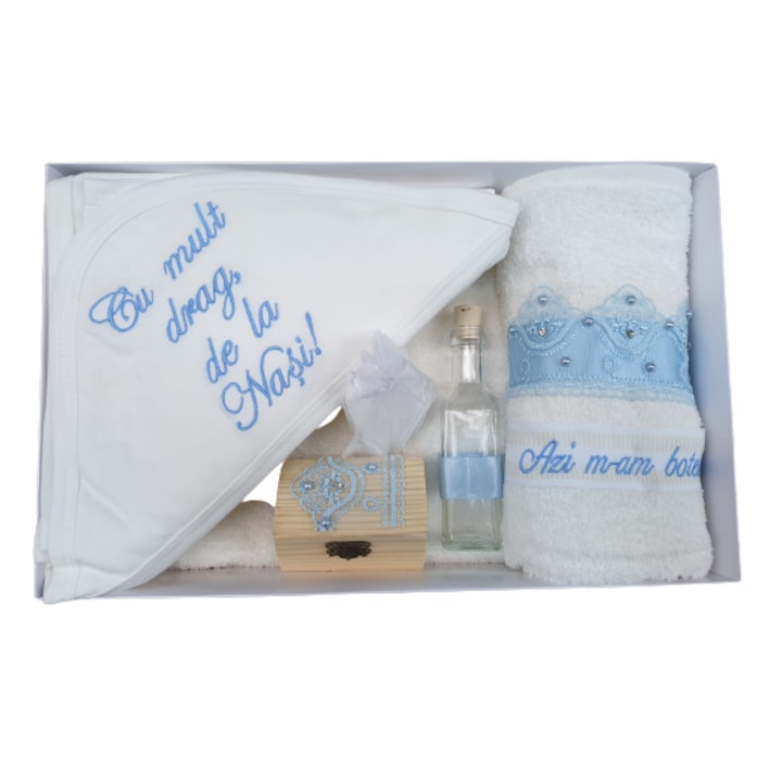 Trusou pentru botez, "Cu mult drag de la Nasi",7 piese, Bleu cu perle