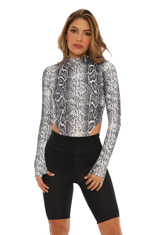 Bluza Body cu maneca lunga Zina, Alb/Gri