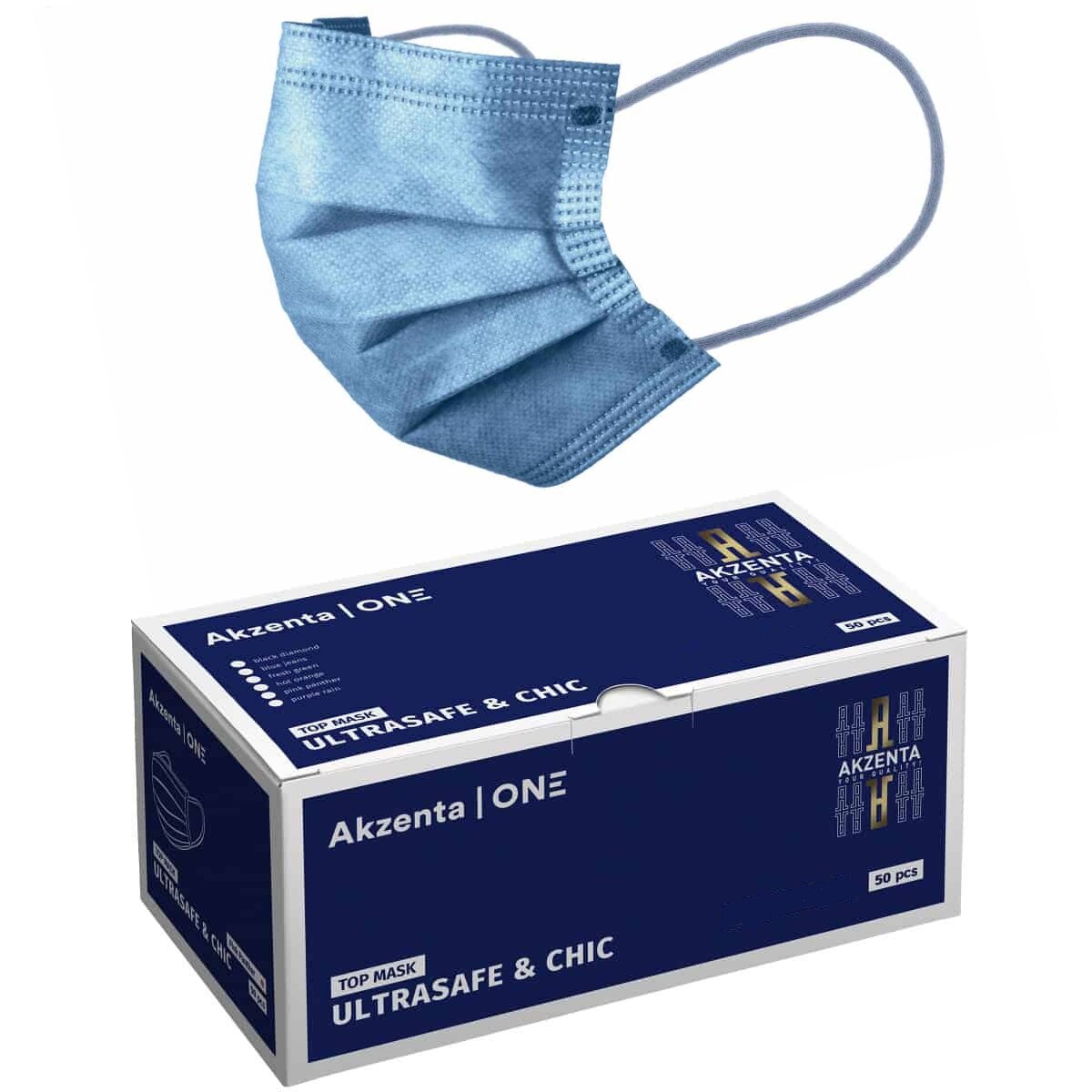 Set 50 buc Masti medicale Akzenta Ultrasafe & Chic tip IIR, 3 straturi, 3 pliuri, banda metalica, eficienta filtrare ≥98%, albastre
