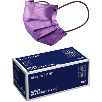 Set 50 buc Masti medicale Akzenta Ultrasafe & Chic tip IIR, 3 straturi, 3 pliuri, banda metalica, eficienta filtrare ≥98%, mov Set 50 buc Masti medicale Akzenta Ultrasafe & Chic tip IIR, 3 straturi, 3 pliuri, banda metalica, eficienta filtrare ≥98%, mov