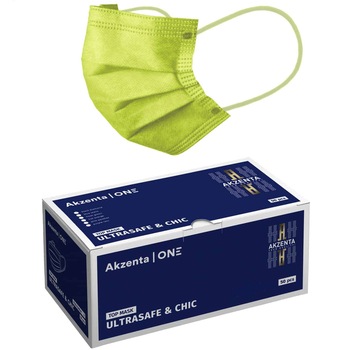 Set 50 buc Masti medicale Akzenta Ultrasafe & Chic tip IIR, 3 straturi, 3 pliuri, banda metalica, eficienta filtrare ≥98%, verde Set 50 buc Masti medicale Akzenta Ultrasafe & Chic tip IIR, 3 straturi, 3 pliuri, banda metalica, eficienta filtrare ≥98%, verde