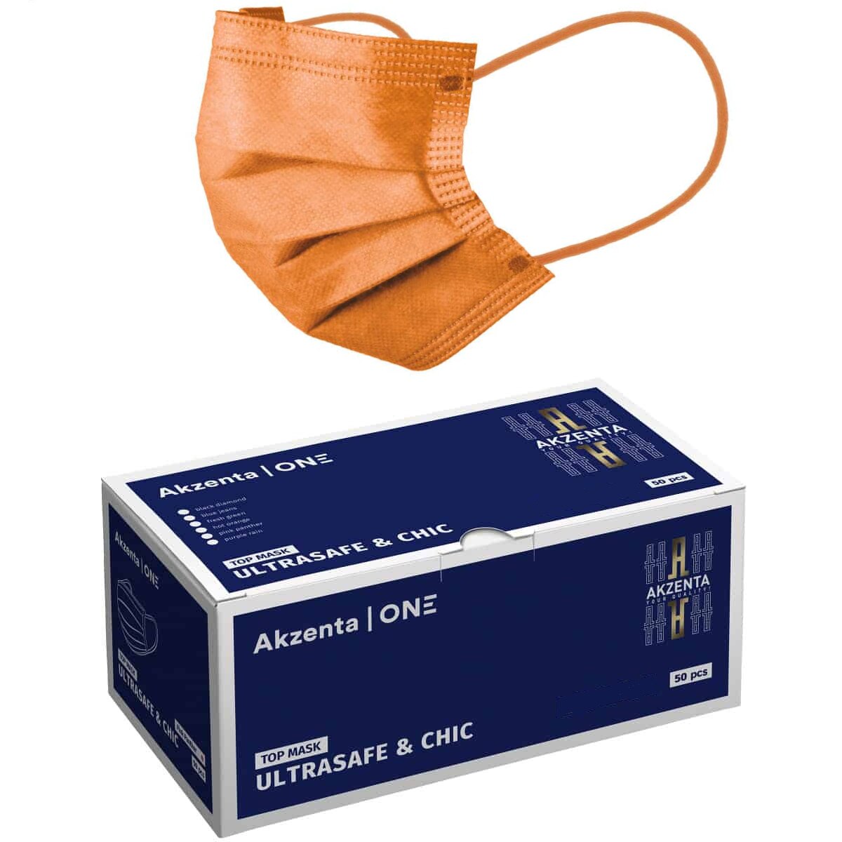 Set 50 buc Masti medicale Akzenta Ultrasafe & Chic tip IIR, 3 straturi, 3 pliuri, banda metalica, eficienta filtrare ≥98%, portocaliu