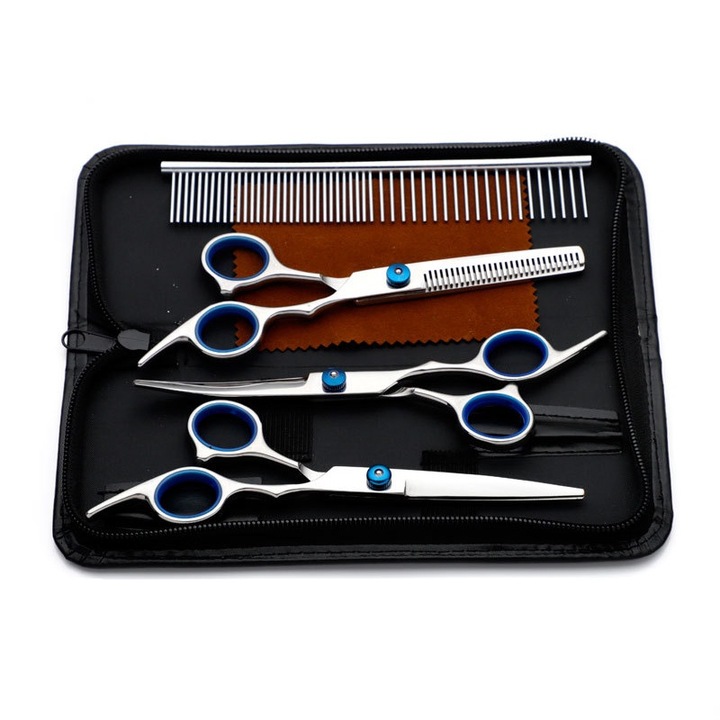 Set de foarfece pentru animale de companie, BOMSTOM, 6 inch, foarfece fine/curbate, pieptene de ingrijire, Argintiu/Albastru