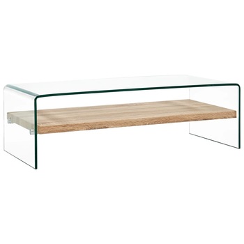 Masuta de cafea vidaXL, Sticla si MDF, 98 x 45 x 31 cm, Transparent/Maro Stejar Masuta de cafea vidaXL, Sticla si MDF, 98 x 45 x 31 cm, Transparent/Maro Stejar