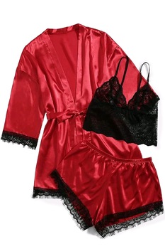 Compleu Pijamale dama sexy 3 piese, satin si dantela, rosu Compleu Pijamale dama sexy 3 piese, satin si dantela, rosu