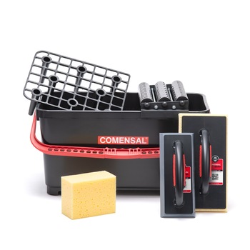 Set galeata, bureti si gletiera pentru faiantari, Universal, Comensal, Plastic, 24 l, Negru Set galeata, bureti si gletiera pentru faiantari, Universal, Comensal, Plastic, 24 l, Negru