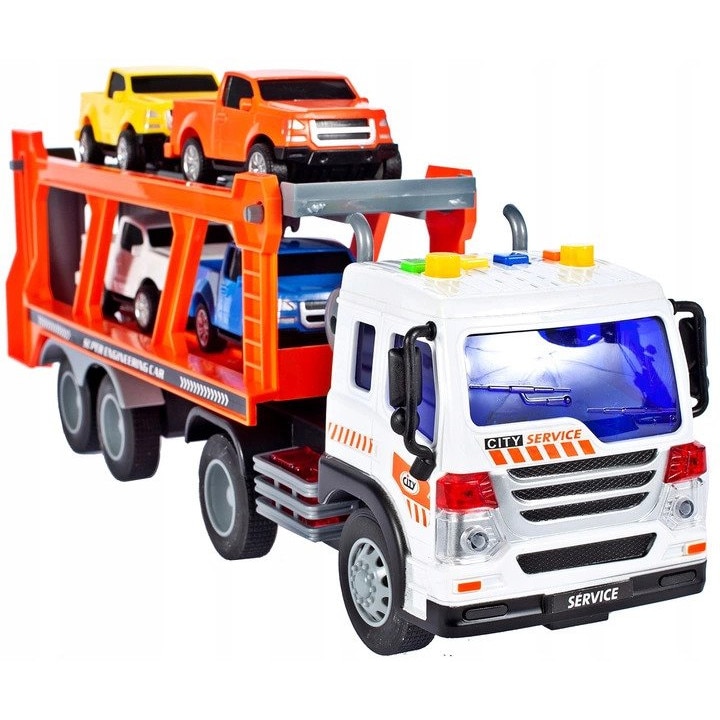 Camion Transporter Interactiv Fantastic ,Echipata cu Efecte Sonore si Luminoase, Baterii 3x AG13 inclus, 39cm x 9cm x 16cm, Multicolor