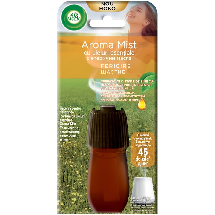 Rezerva pentru difuzor de parfum cu uleiuri esentiale odorizant de camera Air Wick Aroma Mist, Fericire, 20 ml