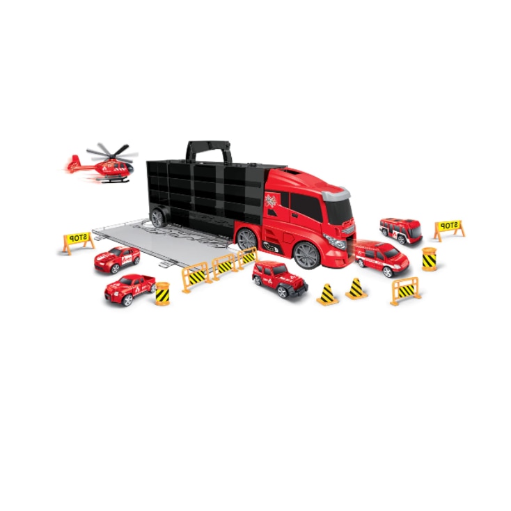 Set Jucarie Interactiva Camion Special Pompieri Speed Cars cu 6 Vehicule, Laterale Detasabile, 40 cm x 8.5 cm x 12.5 cm, Red