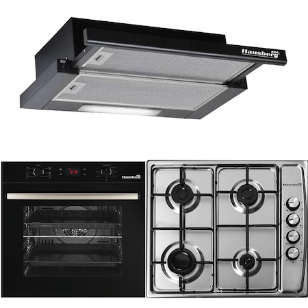 Pachet Incorporabil Cuptor electric Hausberg HB-8054, Clasa A, 71L, 2225W, Negru, Plita Incorporabila HB-555, 4 arzatoare, Gaz, Inox, Hota incorporabila telescopica HB-1285NG, Putere de absorbtie 420 m3/h, 2 motoare, 60 cm, Negru