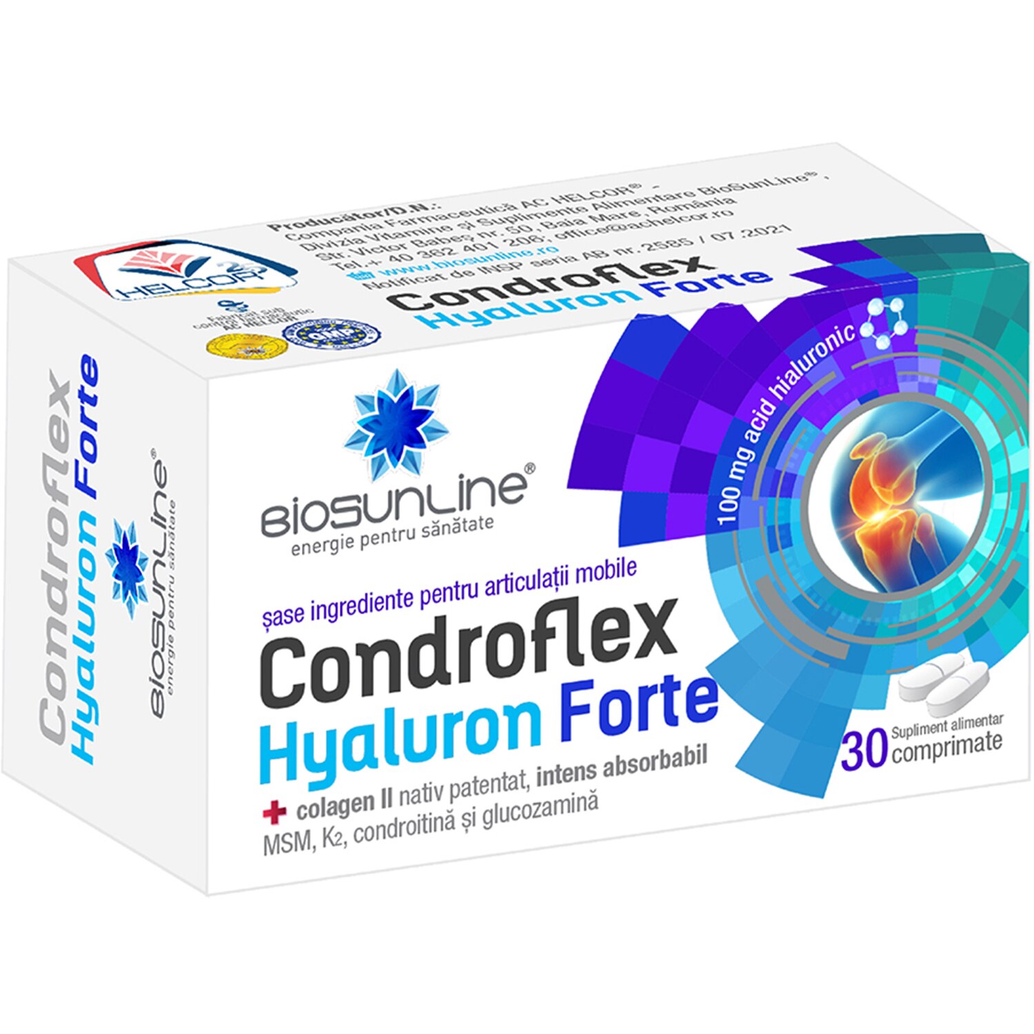 Supliment alimentar Condroflex Hyaluron Forte cu colagen II, MSM, K2 BioSunLine, 30 comprimate