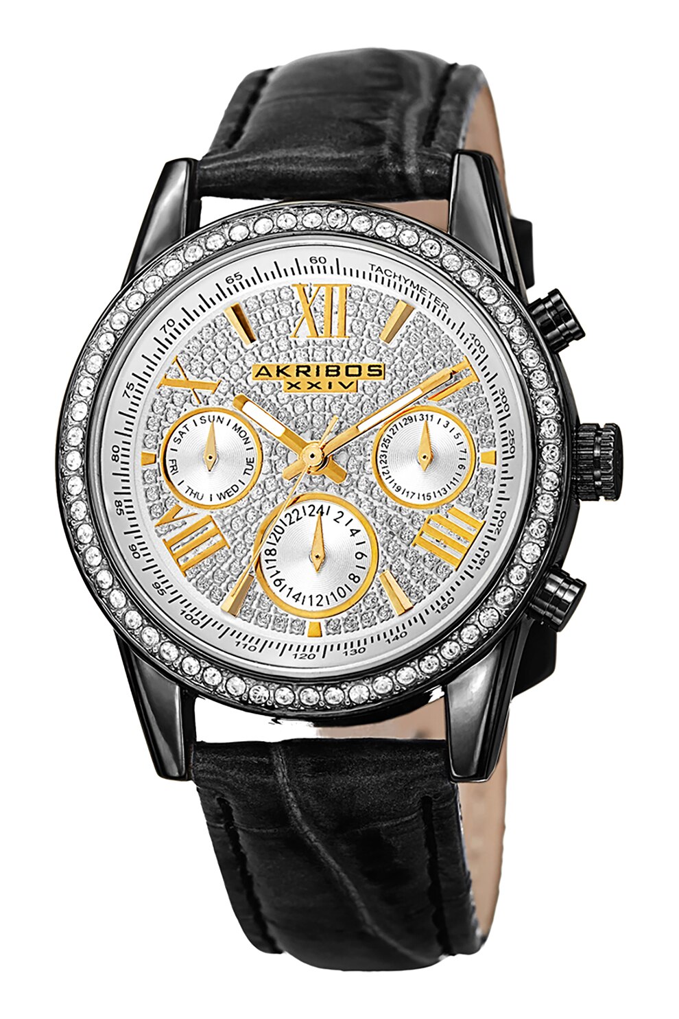 AKRIBOS XXIV, Ceas cu functii multiple si coroana cu cristale, Negru/Argintiu
