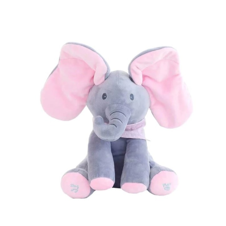 Jucarie interactiva Elefant Miscator Cucu Bau , Peek a Boo , 32cm, Roz