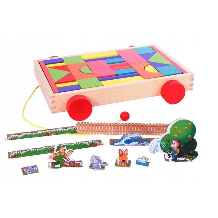 Jucarie Carucior din Lemn cu Blocuri Colorate de Constructie 30 Elemente, Multicolor