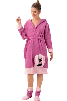 Halat cocolino de casa dama, pufos, cu gluga, imprimeu Catelus 1148, Roz Halat cocolino de casa dama, pufos, cu gluga, imprimeu Catelus 1148, Roz